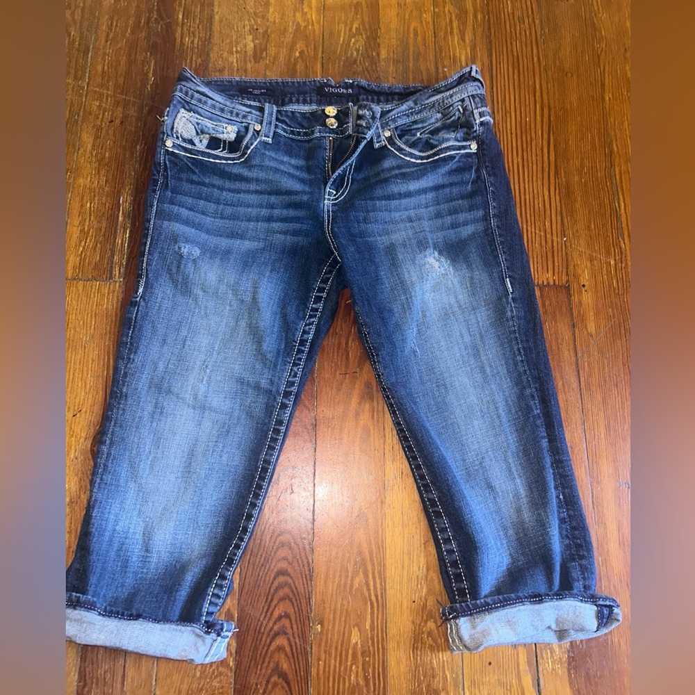 Vigoss Blue Ankle Cropped Jeans with Distressed Details size 11 embellished